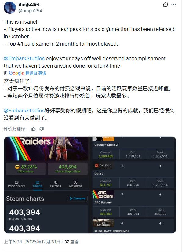 《ArcRaiders》发售两月Steam在线峰值突破40万 《ArcRaiders》发售两月Steam在线峰值突破40万