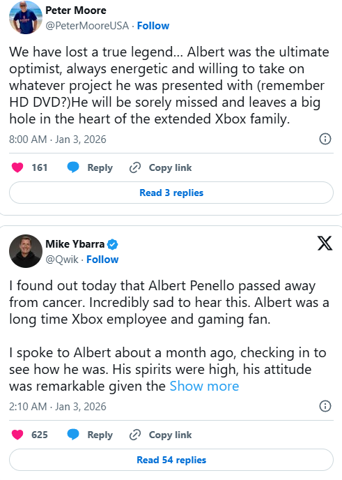 微软Xbox元老AlbertPenello离世-多位游戏业大佬发文悼念